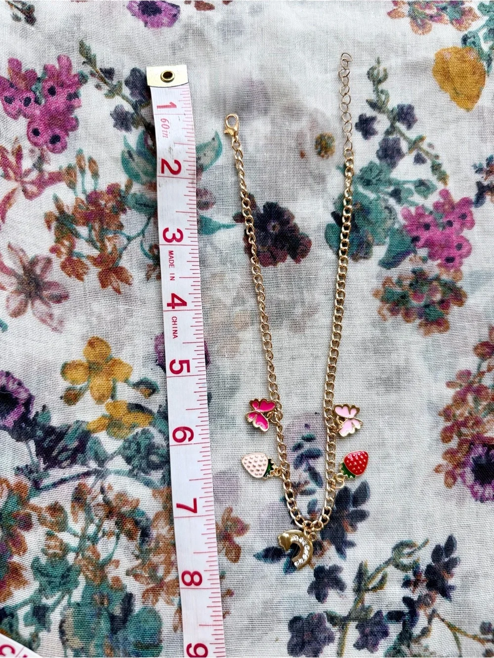 Butterfly Strawberry Rainbow Charm Gold Tone Necklace Kawaii Cottagecore